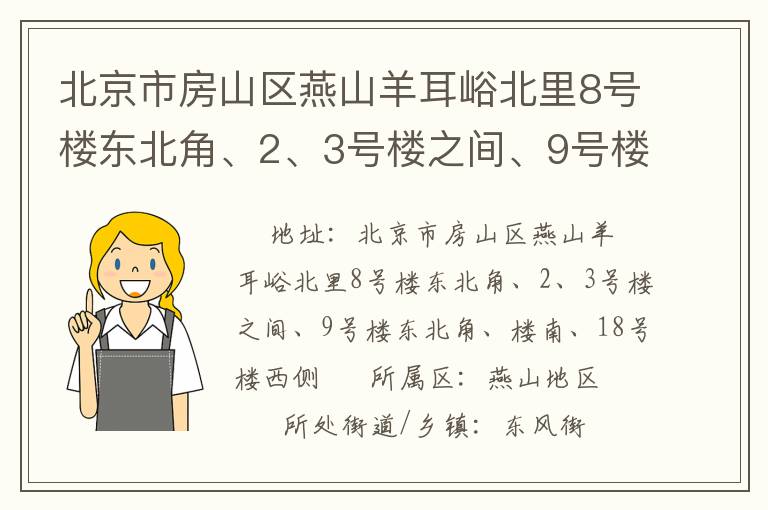 北京市房山區(qū)燕山羊耳峪北里8號樓東北角、2、3號樓之間、9號樓東北角、樓南、18號樓西側(cè)