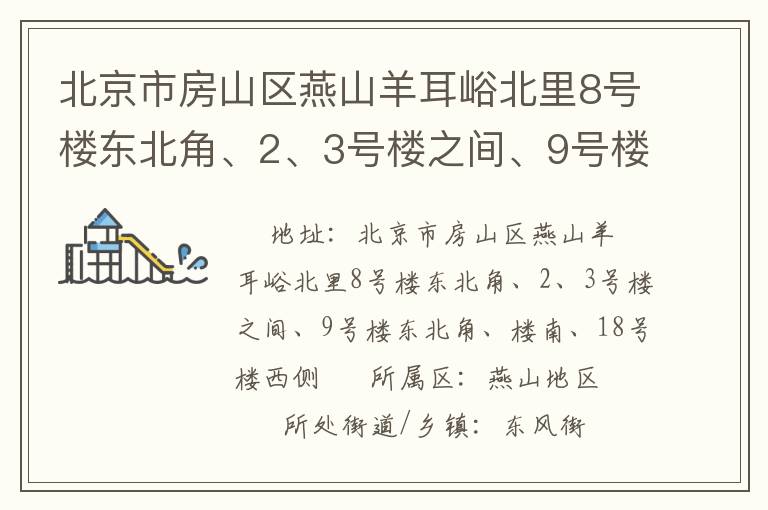 北京市房山區(qū)燕山羊耳峪北里8號(hào)樓東北角、2、3號(hào)樓之間、9號(hào)樓東北角、樓南、18號(hào)樓西側(cè)
