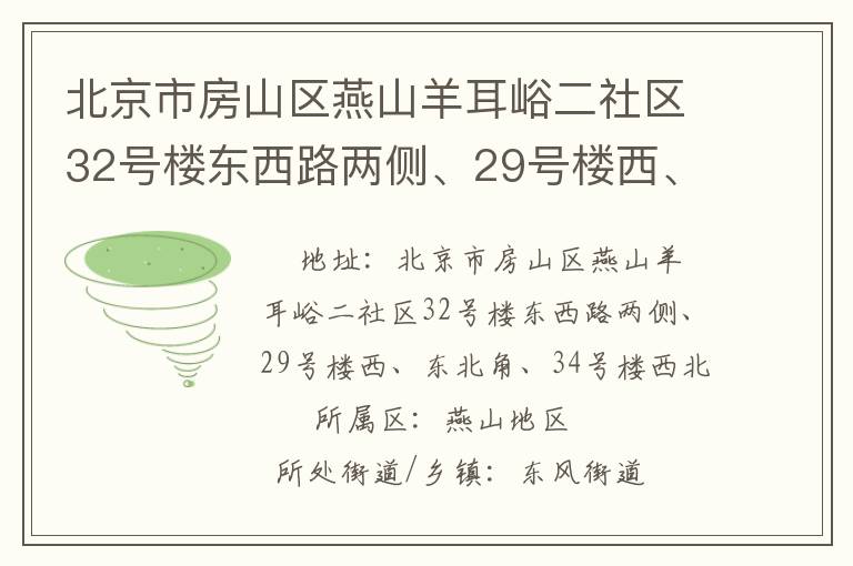 北京市房山區(qū)燕山羊耳峪二社區(qū)32號(hào)樓東西路兩側(cè)、29號(hào)樓西、東北角、34號(hào)樓西北