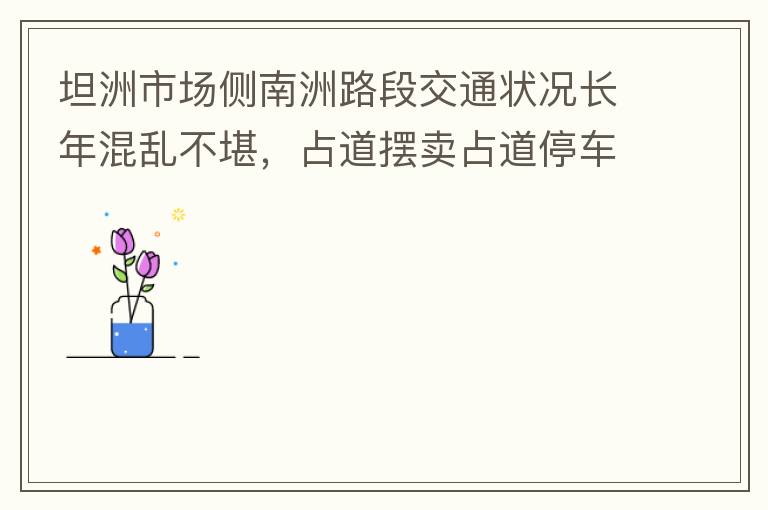 坦洲市場側(cè)南洲路段交通狀況長年混亂不堪，占道擺賣占道停車嚴(yán)重，時(shí)有機(jī)動(dòng)車逆行，非機(jī)動(dòng)車更是隨意逆行，順行機(jī)動(dòng)車與非機(jī)動(dòng)車混行緩慢，沒各行其道。南洲路與大興路平交路口沒有規(guī)劃好，交通擁堵是常態(tài)，即時(shí)有交
