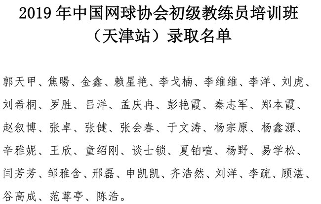 2019年中國網(wǎng)球協(xié)會初級教練員培訓班（天津站）錄取名單