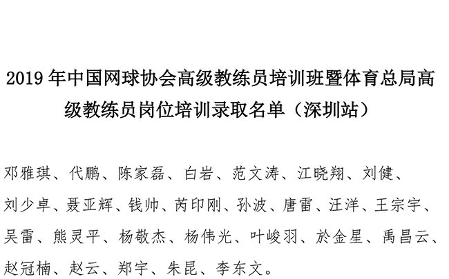 2019年中國網(wǎng)球協(xié)會高級教練員培訓班暨體育總局高級教練員崗位培訓錄取名單（深圳站）