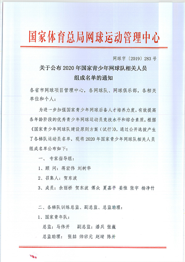關(guān)于公布2020年國家青少年網(wǎng)球隊(duì)相關(guān)人員組成名單的通知